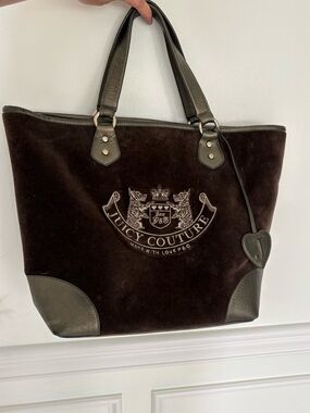 Juicy Couture Dark Brown Velvet Tote with Olive Leather Trim and Zipper